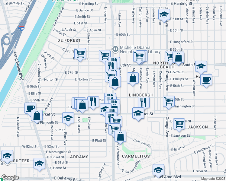 map of restaurants, bars, coffee shops, grocery stores, and more near 5507 Atlantic Avenue in Long Beach