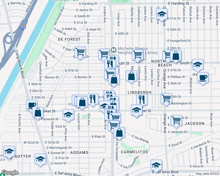 map of restaurants, bars, coffee shops, grocery stores, and more near 5507 Atlantic Avenue in Long Beach
