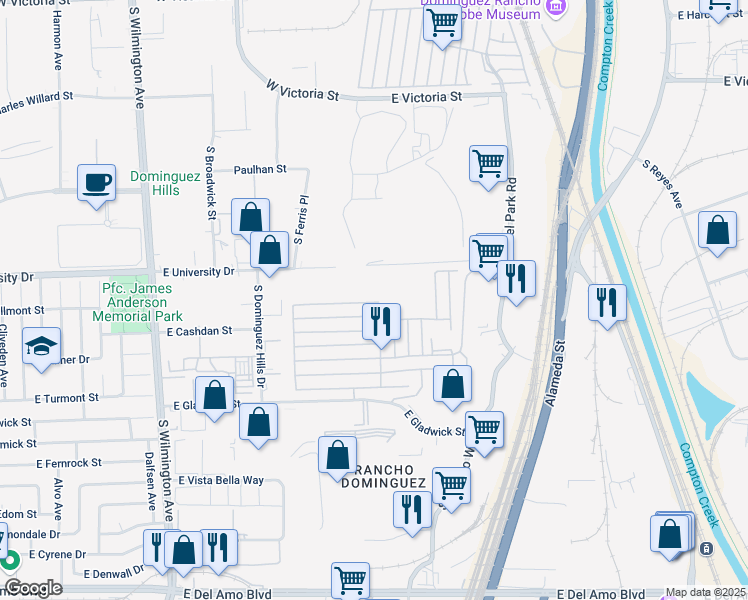 map of restaurants, bars, coffee shops, grocery stores, and more near 19009 South Laurel Park Road in Los Angeles County