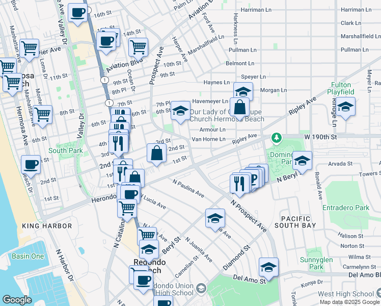 map of restaurants, bars, coffee shops, grocery stores, and more near in Redondo Beach
