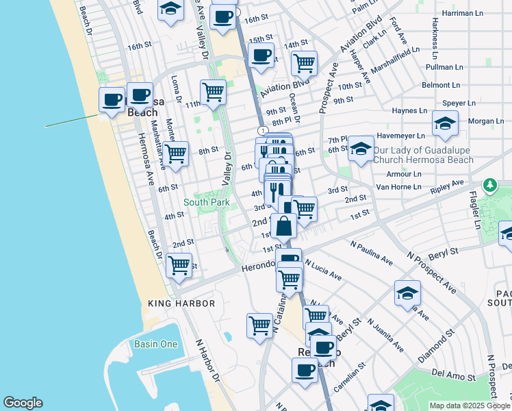 map of restaurants, bars, coffee shops, grocery stores, and more near 655 2nd Street in Hermosa Beach