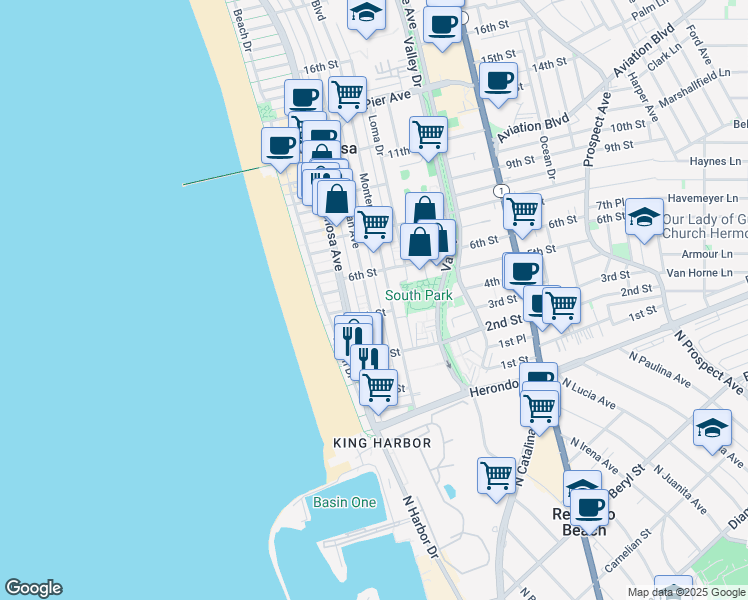 map of restaurants, bars, coffee shops, grocery stores, and more near 109 4th Street in Hermosa Beach