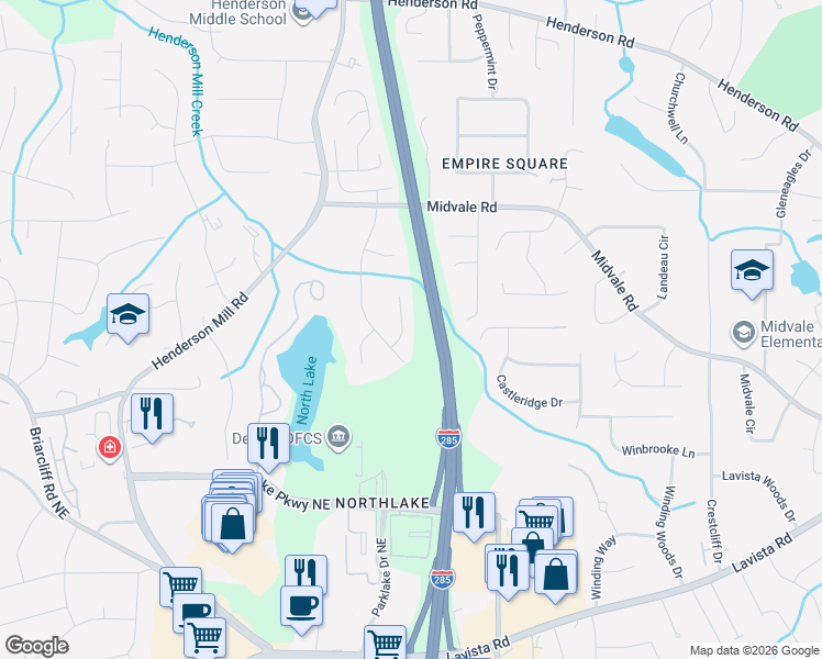 map of restaurants, bars, coffee shops, grocery stores, and more near 2427 Helmsdale Drive Northeast in Atlanta