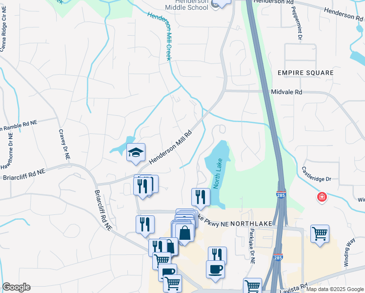 map of restaurants, bars, coffee shops, grocery stores, and more near 2501 Henderson Mill Road in Atlanta