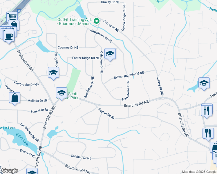map of restaurants, bars, coffee shops, grocery stores, and more near 2447 Caladium Drive Northeast in Atlanta