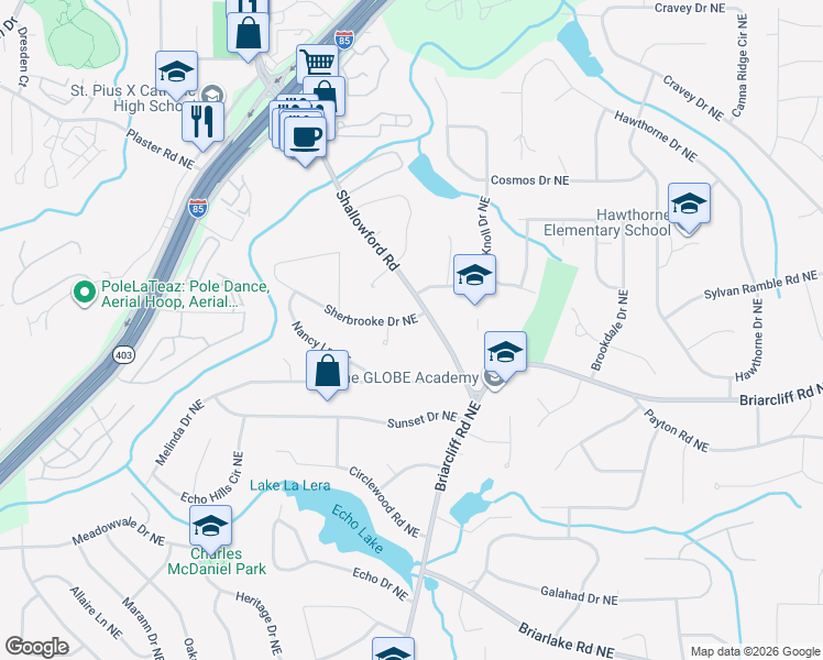 map of restaurants, bars, coffee shops, grocery stores, and more near 2577 Sherbrooke Drive Northeast in Atlanta