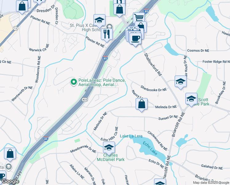 map of restaurants, bars, coffee shops, grocery stores, and more near 2435 Peachwood Circle Northeast in Atlanta