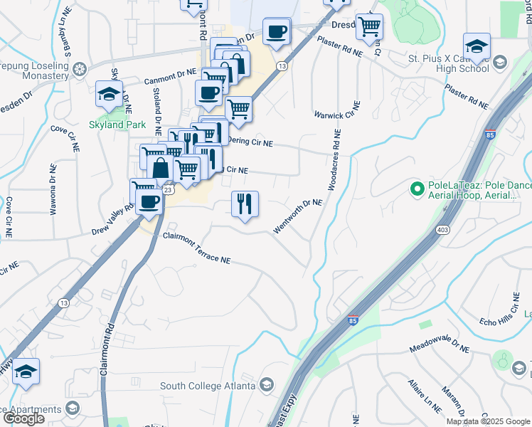map of restaurants, bars, coffee shops, grocery stores, and more near 2029 Dover Hill Place Northeast in Atlanta