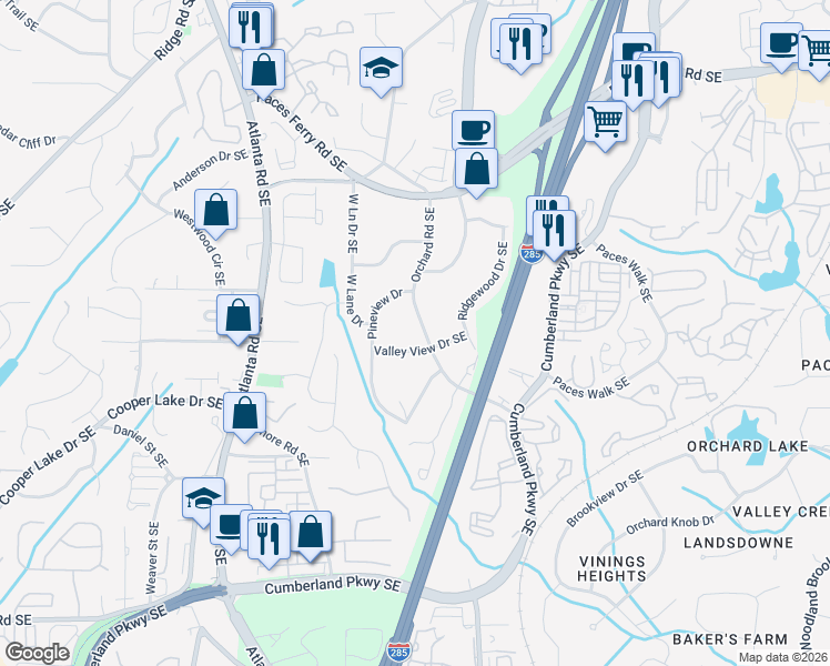 map of restaurants, bars, coffee shops, grocery stores, and more near 3952 Orchard Road Southeast in Smyrna