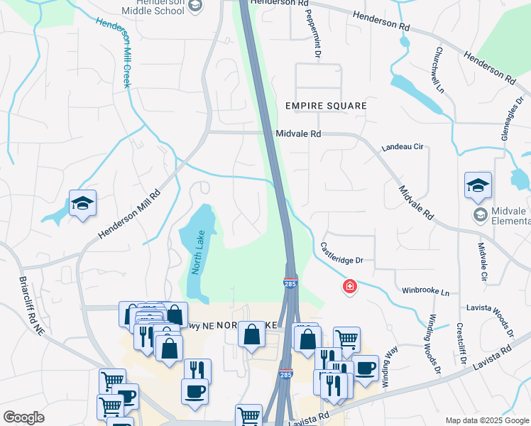map of restaurants, bars, coffee shops, grocery stores, and more near 2433 Helmsdale Drive Northeast in Atlanta
