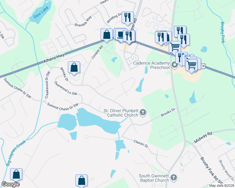 map of restaurants, bars, coffee shops, grocery stores, and more near 1206 Masters Lane in Snellville