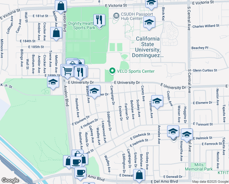 map of restaurants, bars, coffee shops, grocery stores, and more near 19215 Enslow Drive in Carson