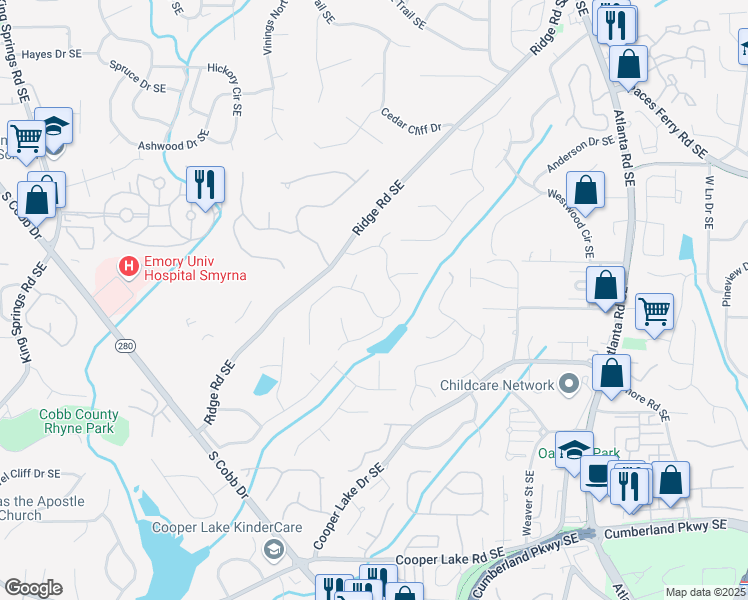 map of restaurants, bars, coffee shops, grocery stores, and more near 4120 Ridgehurst Drive in Smyrna