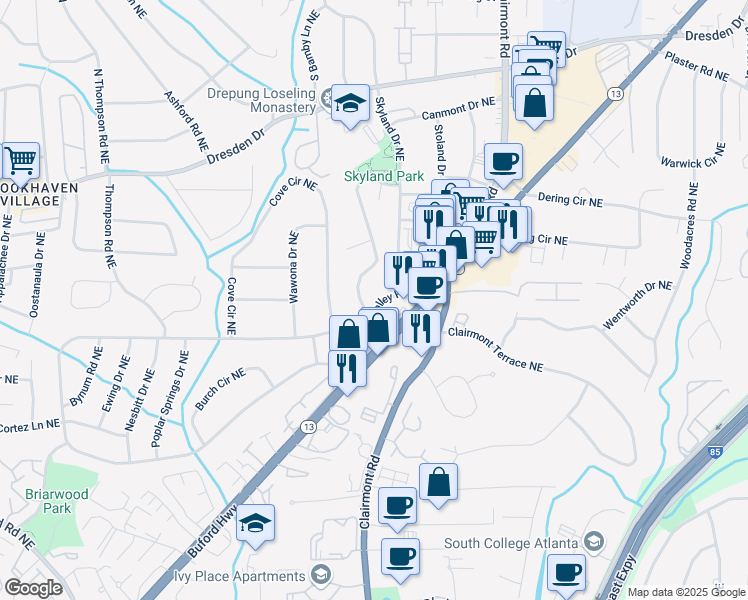 map of restaurants, bars, coffee shops, grocery stores, and more near 2740 Drew Valley Road Northeast in Atlanta