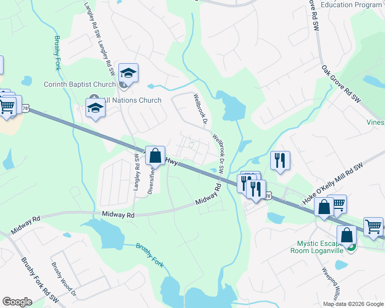 map of restaurants, bars, coffee shops, grocery stores, and more near 551-623 Athens Highway in Loganville