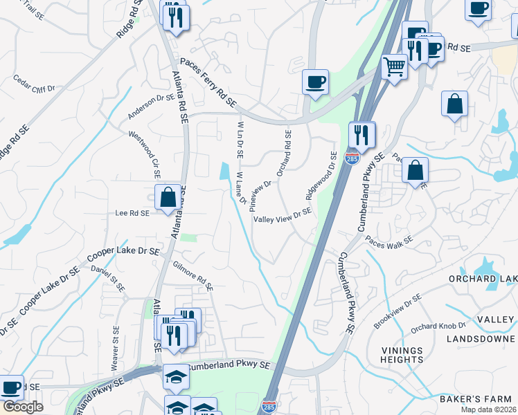map of restaurants, bars, coffee shops, grocery stores, and more near 3980 Pineview Drive in Smyrna