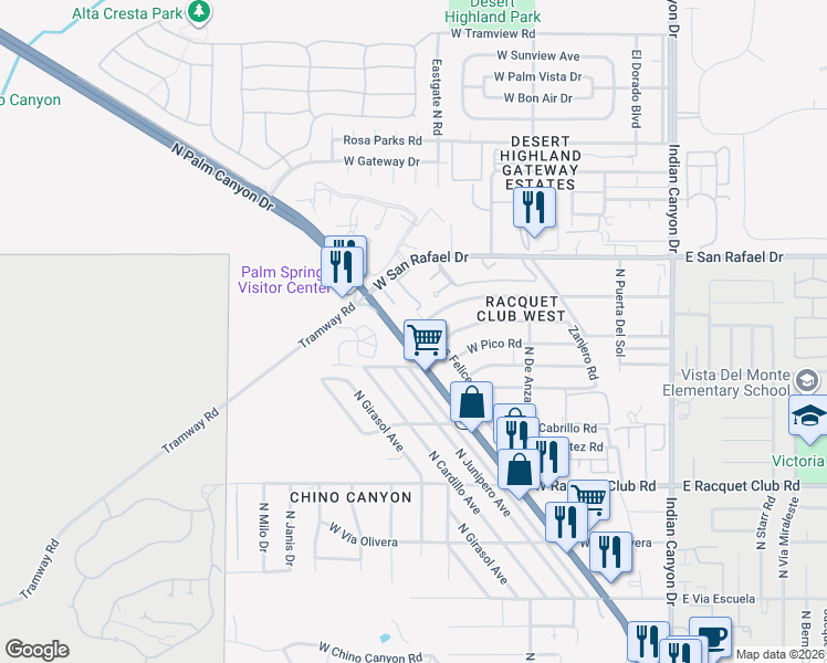 map of restaurants, bars, coffee shops, grocery stores, and more near 2825 North Los Felices Road in Palm Springs