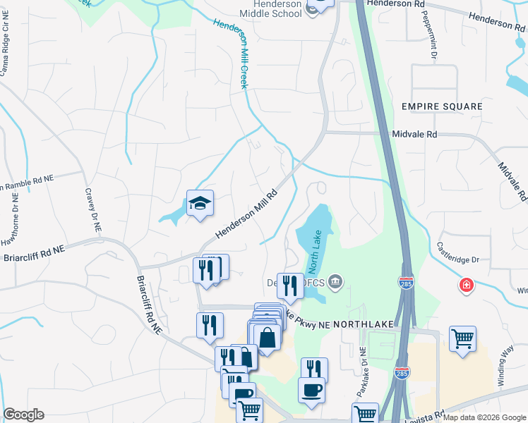 map of restaurants, bars, coffee shops, grocery stores, and more near 2411 Henderson Mill Court in Atlanta