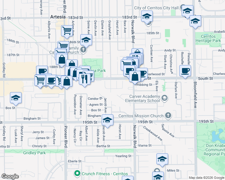 map of restaurants, bars, coffee shops, grocery stores, and more near 19044 Grayland Avenue in Cerritos
