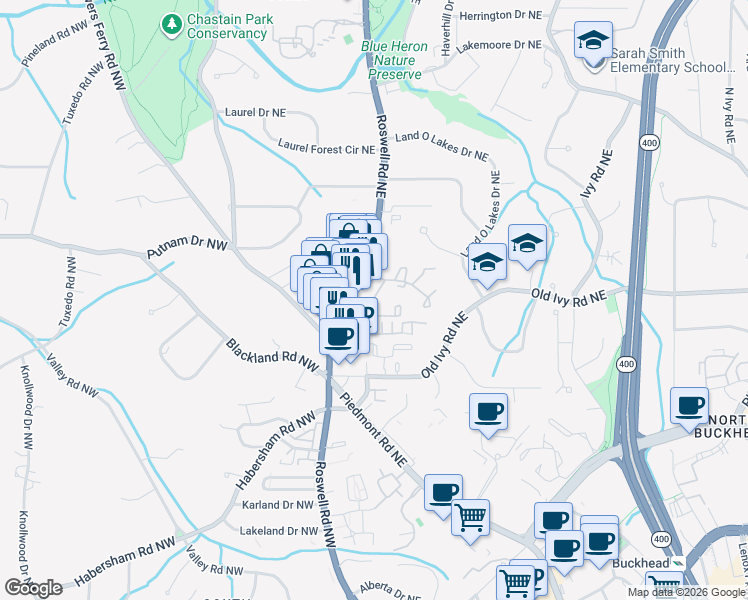 map of restaurants, bars, coffee shops, grocery stores, and more near 31 Ivy Trail Northeast in Atlanta