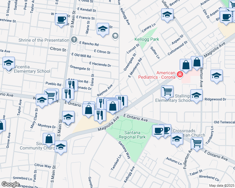 map of restaurants, bars, coffee shops, grocery stores, and more near 2151 Beatrice Drive in Corona