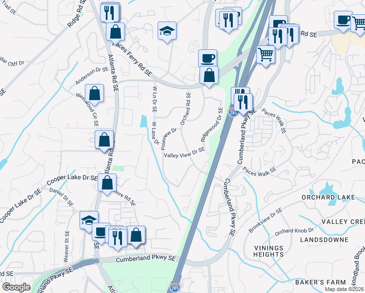 map of restaurants, bars, coffee shops, grocery stores, and more near 3952 Orchard Road Southeast in Smyrna