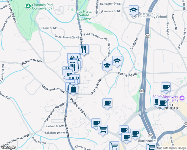 map of restaurants, bars, coffee shops, grocery stores, and more near 70 Ivy Parkway Northeast in Atlanta