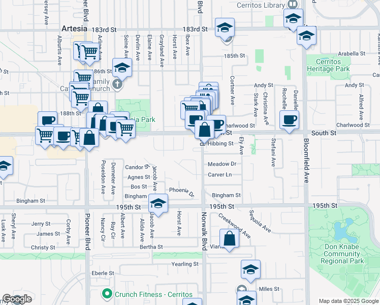 map of restaurants, bars, coffee shops, grocery stores, and more near 12132 Cambrian Circle in Artesia