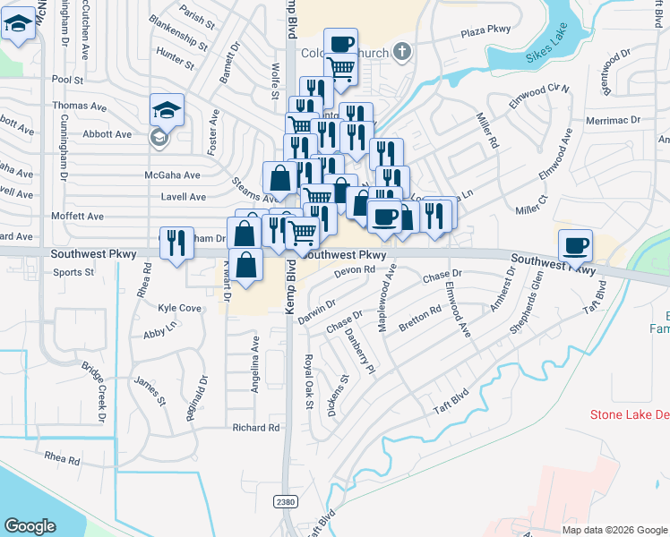 map of restaurants, bars, coffee shops, grocery stores, and more near 2708 Darwin Drive in Wichita Falls