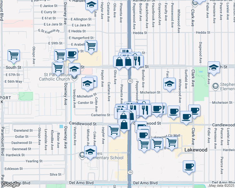 map of restaurants, bars, coffee shops, grocery stores, and more near 5513 Oliva Avenue in Lakewood
