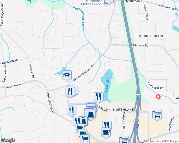 map of restaurants, bars, coffee shops, grocery stores, and more near 2501 Henderson Mill Road in Atlanta