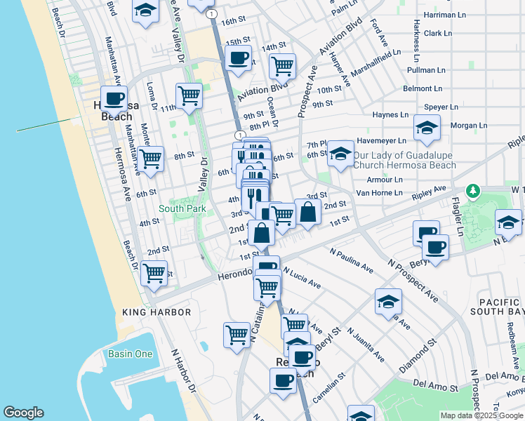 map of restaurants, bars, coffee shops, grocery stores, and more near 210 California 1 in Hermosa Beach
