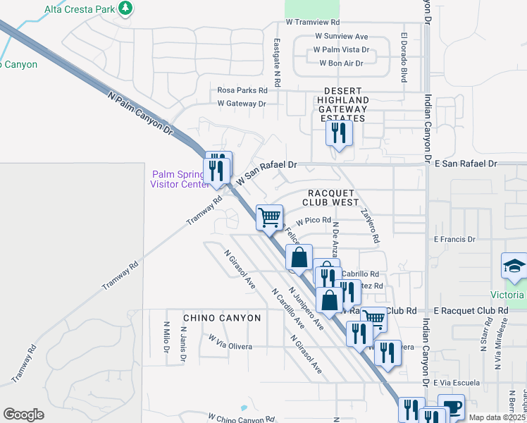 map of restaurants, bars, coffee shops, grocery stores, and more near 2825 North Los Felices Road in Palm Springs