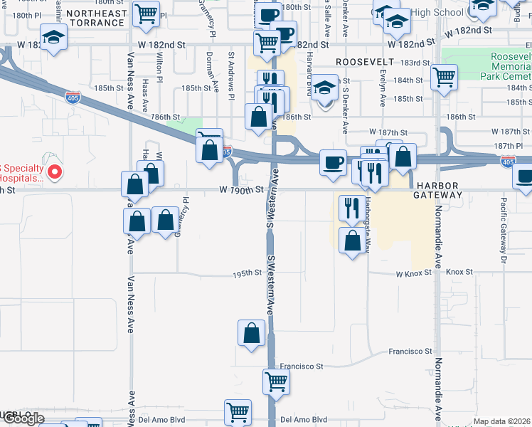 map of restaurants, bars, coffee shops, grocery stores, and more near 19001 South Western Avenue in Torrance
