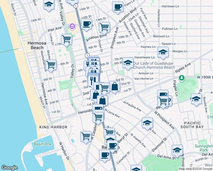 map of restaurants, bars, coffee shops, grocery stores, and more near 938 3rd Street in Hermosa Beach