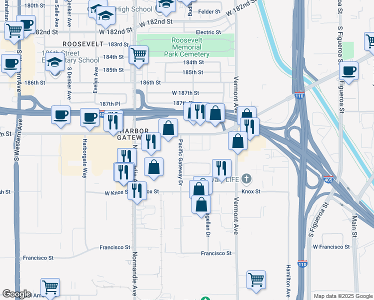 map of restaurants, bars, coffee shops, grocery stores, and more near 990 West 190th Street in Torrance