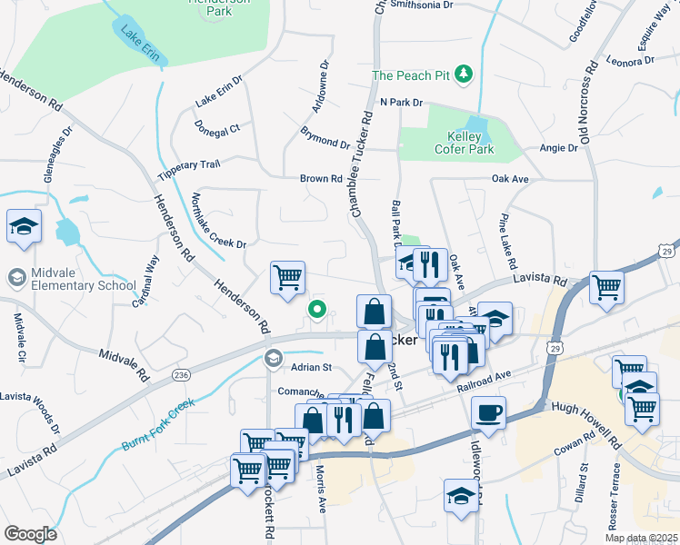 map of restaurants, bars, coffee shops, grocery stores, and more near 4128 Morgan Road in Tucker