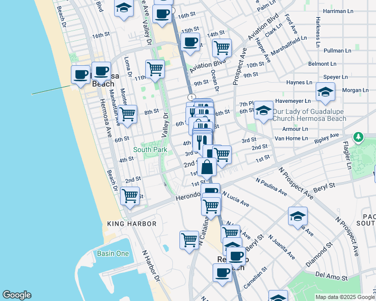 map of restaurants, bars, coffee shops, grocery stores, and more near 657 3rd Street in Hermosa Beach