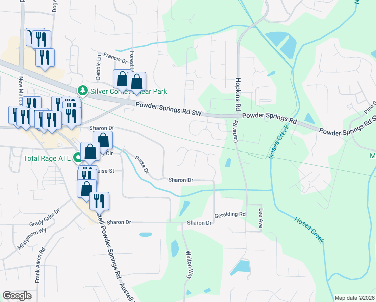 map of restaurants, bars, coffee shops, grocery stores, and more near 4018 Sharon Woods Drive in Powder Springs