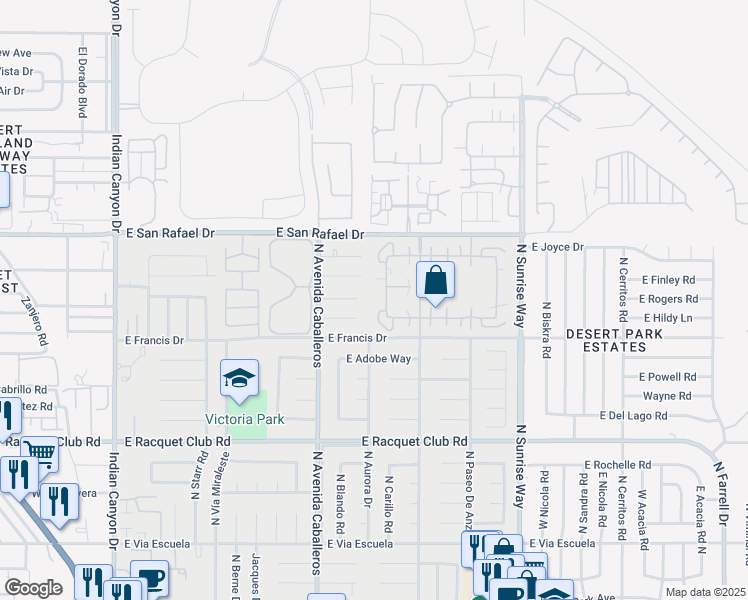 map of restaurants, bars, coffee shops, grocery stores, and more near 2921 Sunflower Circle West in Palm Springs