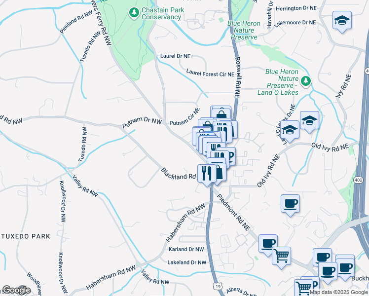 map of restaurants, bars, coffee shops, grocery stores, and more near 3740 Powers Ferry Road Northwest in Atlanta