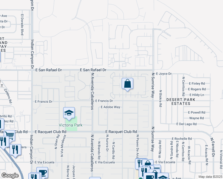 map of restaurants, bars, coffee shops, grocery stores, and more near 2844 Sunflower Loop North in Palm Springs
