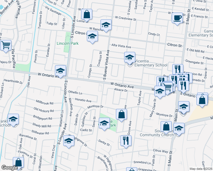 map of restaurants, bars, coffee shops, grocery stores, and more near 2274 Toulouse Street in Corona