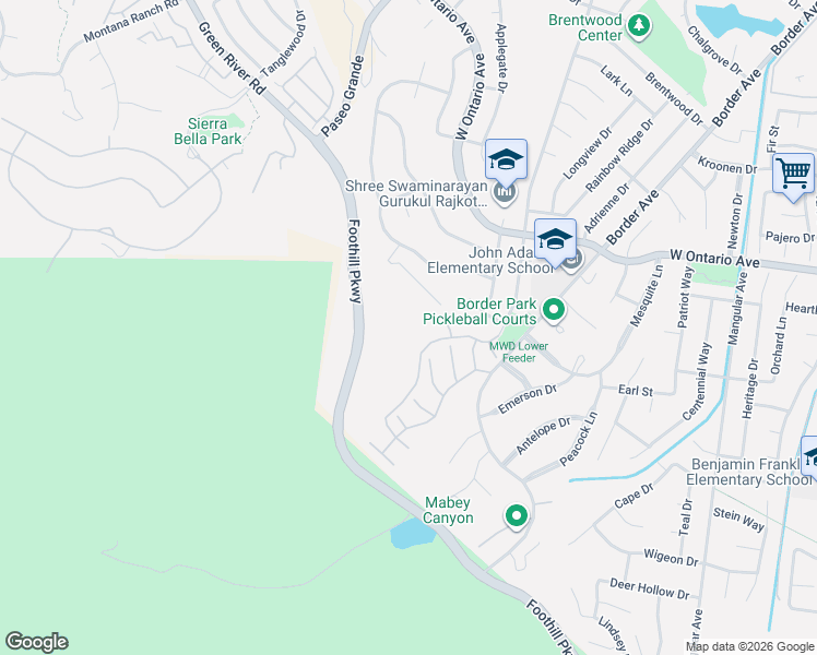 map of restaurants, bars, coffee shops, grocery stores, and more near 2580 Avenida Del Vista in Corona