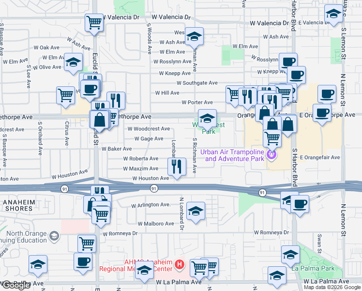 map of restaurants, bars, coffee shops, grocery stores, and more near 1436 Lombard Drive in Fullerton
