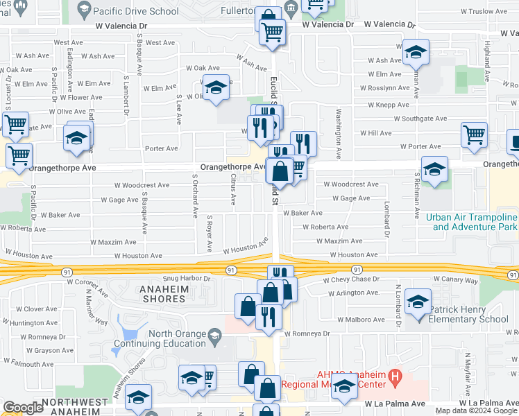 map of restaurants, bars, coffee shops, grocery stores, and more near 1431 South Orange Avenue in Fullerton