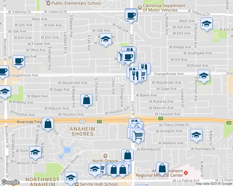 map of restaurants, bars, coffee shops, grocery stores, and more near 1431 South Orange Avenue in Fullerton