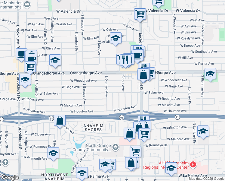 map of restaurants, bars, coffee shops, grocery stores, and more near 1438 South Orchard Avenue in Fullerton