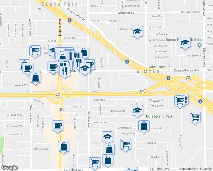 map of restaurants, bars, coffee shops, grocery stores, and more near 8111 Page Street in Buena Park