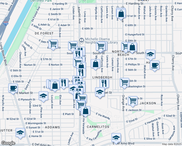 map of restaurants, bars, coffee shops, grocery stores, and more near 725 East 55th Street in Long Beach